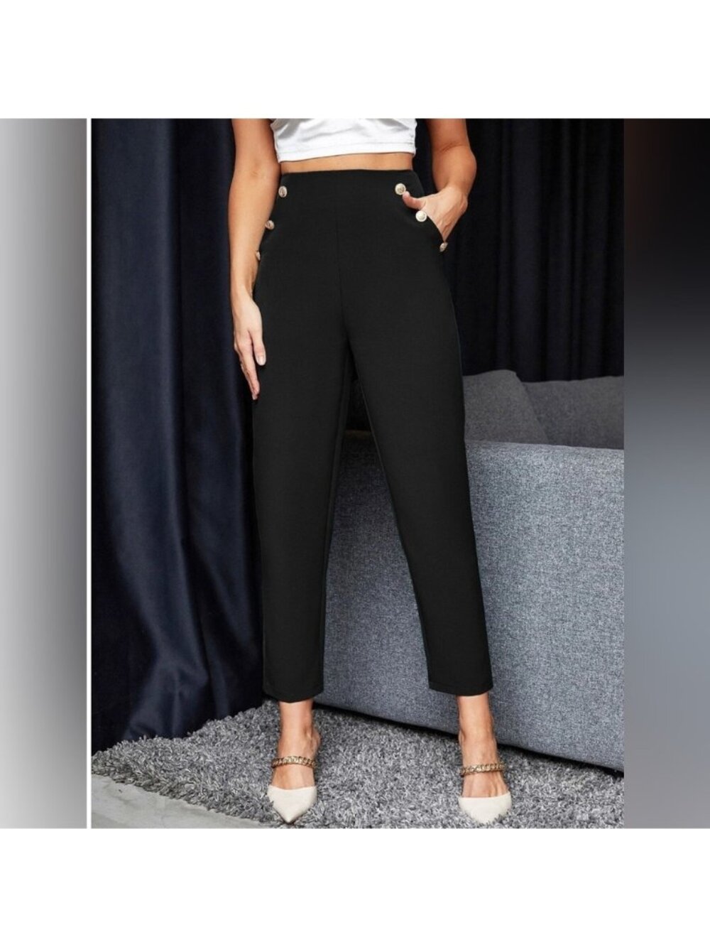 LAST ONE 🔥 Black High Waist Gold Button Cropped Pants